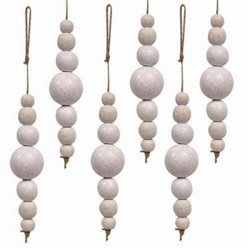 *6/Set White Wooden Bead Ornaments on Jute