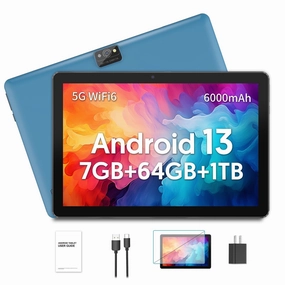 FITIFUN M10 10 Inch Android 13 Tablet 7GB RAM 64GB ROM 1TB Expandable 6000mAh Battery 5G WiFi 6 Dual Camera (Blue)