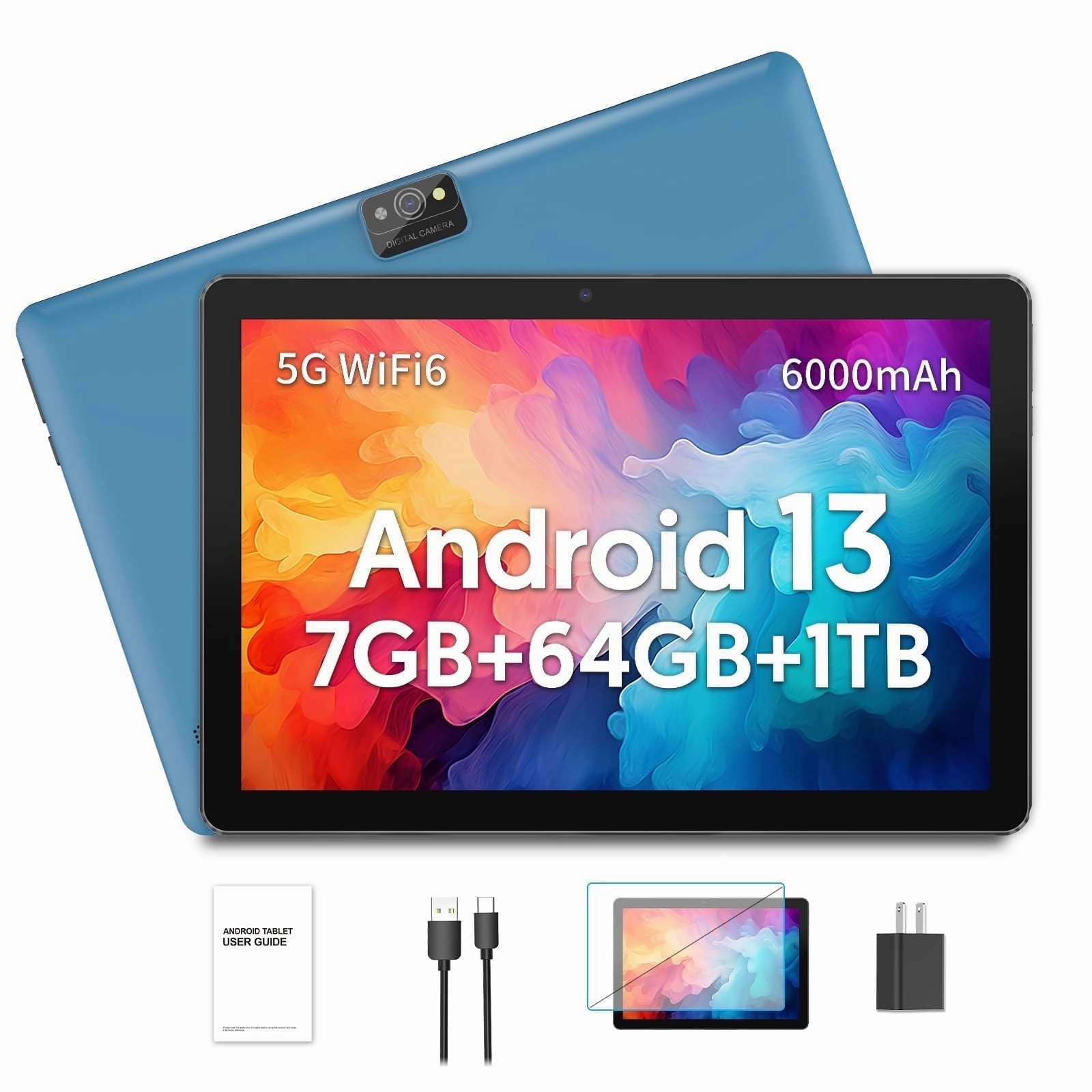FITIFUN M10 10 Inch Android 13 Tablet 7GB RAM 64GB ROM 1TB Expandable 6000mAh Battery 5G WiFi 6 Dual Camera (Blue)