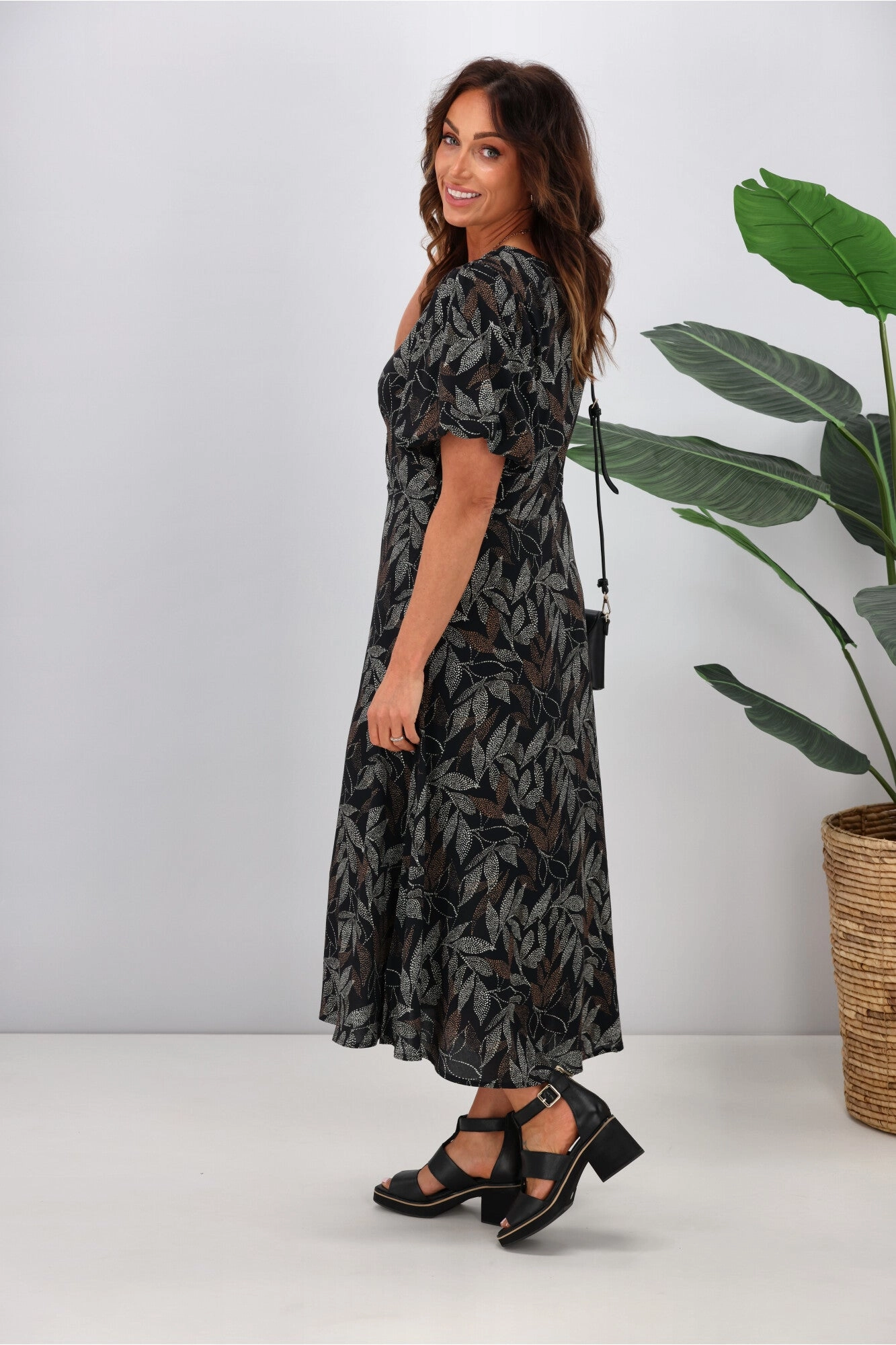 Gloss by Shine On Thora Knot Front Dress Black Leaf Dot Print