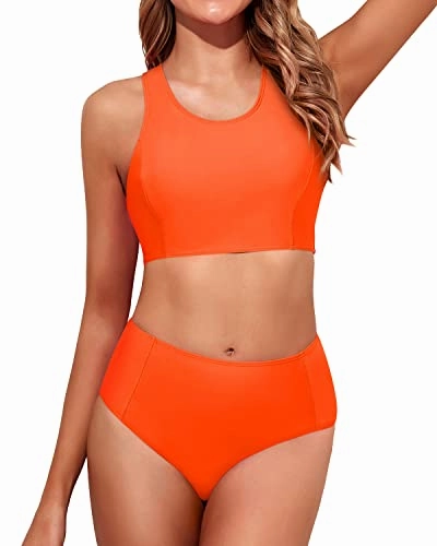 High Waisted Bikini Set Full Coverage Bottom-Neon Orange