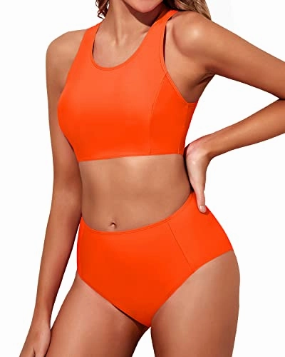 High Waisted Bikini Set Full Coverage Bottom-Neon Orange