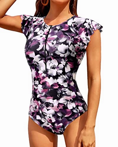 One Piece Zip Front Short Sleeve Rash Guard For Women-Purple Floral