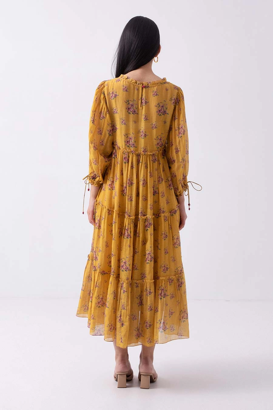 Yellow Rose Print Tiered Dress